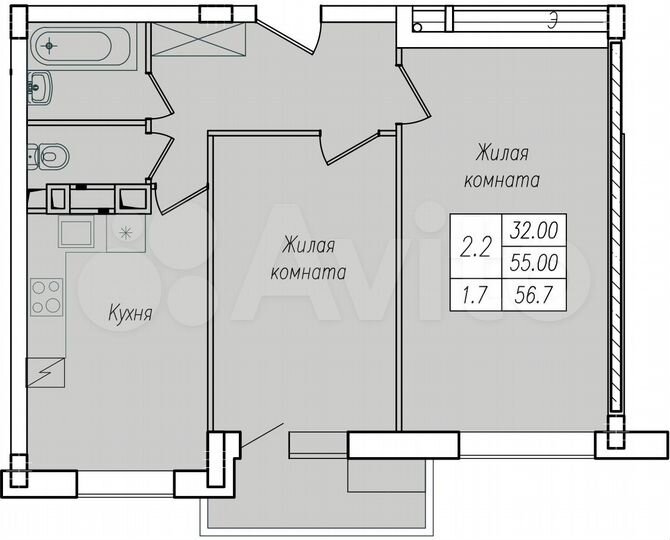 2-к. квартира, 56,7 м², 8/10 эт.