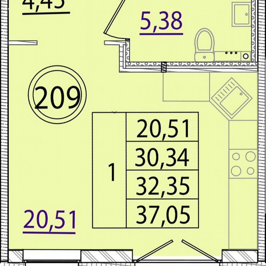 1-к. квартира, 30,3 м², 2/4 эт.