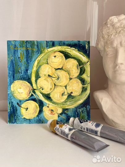 Картина маслом натюрморт с яблоками, 20/20 см