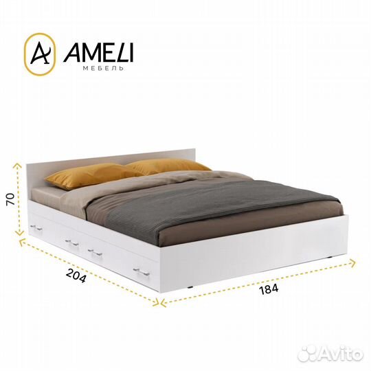 Двуспальная кровать с ящиками, стандарт, 180, Белая