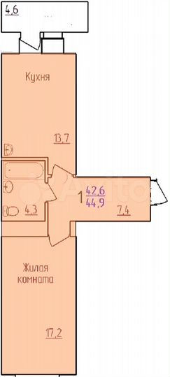 1-к. квартира, 44,9 м², 2/14 эт.
