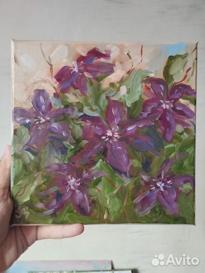 Картина маслом на холсте цветы Фиолетовый клематис