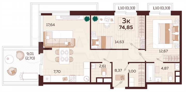 3-к. квартира, 74,3 м², 5/9 эт.