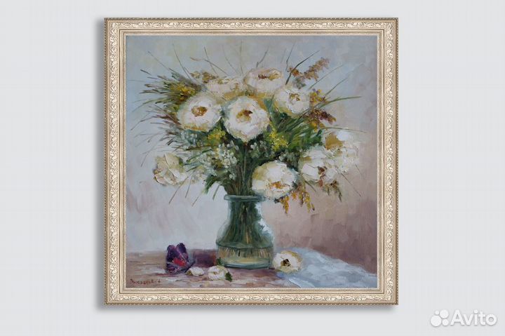 Картина маслом Цветы Пионы белые на холсте 40х40см