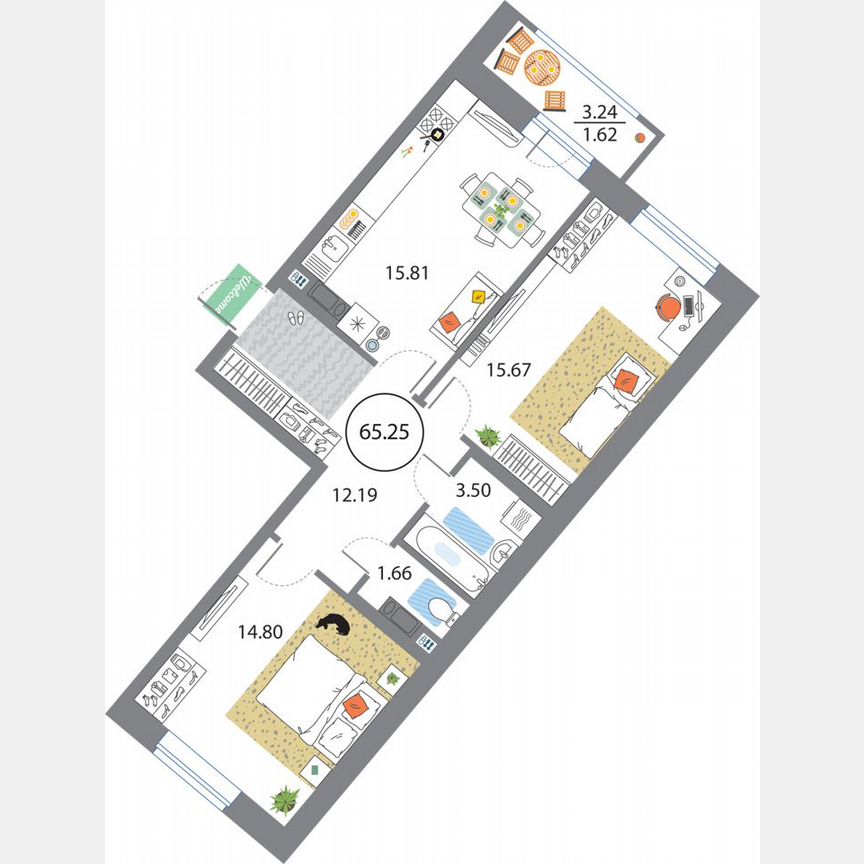 2-к. квартира, 65,3 м², 4/12 эт.