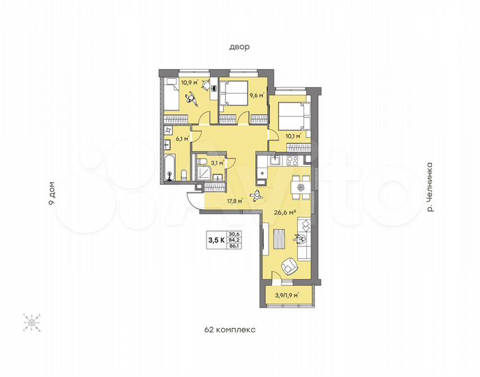 3-к. квартира, 86,1 м², 10/10 эт.