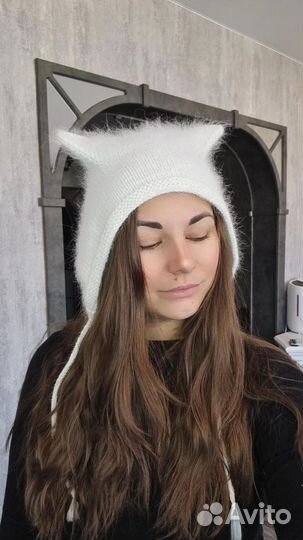 Чепчик из пуха норки пушистый коточепчик