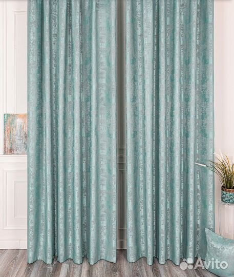 Шторы мрамор Зарина бирюза и тюль Вуаль готовые
