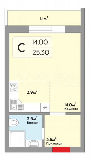 Квартира-студия, 25,6 м², 2/18 эт.