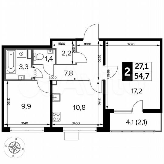2-к. квартира, 54,7 м², 20/24 эт.