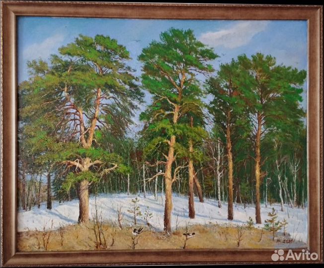 Картина маслом: Сосны в марте
