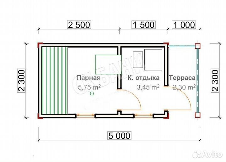 Баня 5х2.3 м. Сухой брус, печь, электрика