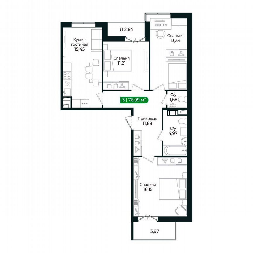 3-к. квартира, 77 м², 4/8 эт.