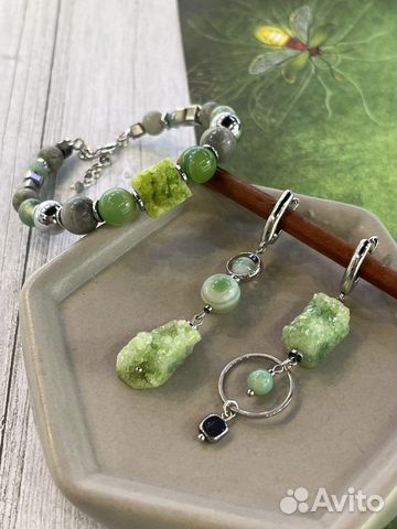 Серьги с друзой, с зеленым агатом