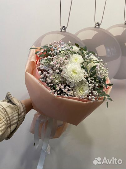 Хризантема гипсофиса букет живые цветы