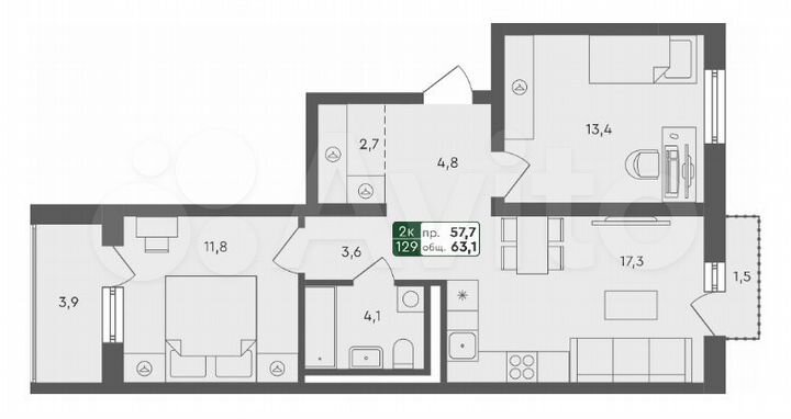 3-к. квартира, 63,1 м², 4/4 эт.