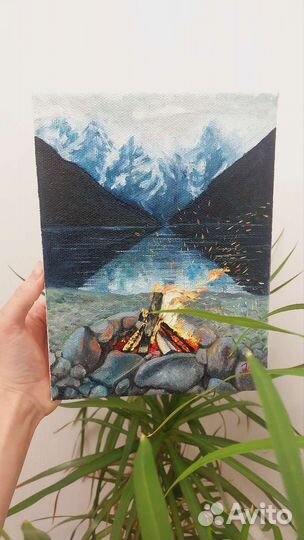 Картина маслом пейзаж горы костер