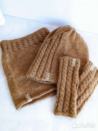 Комплект вязаный шапка бини снуд и митенки новый