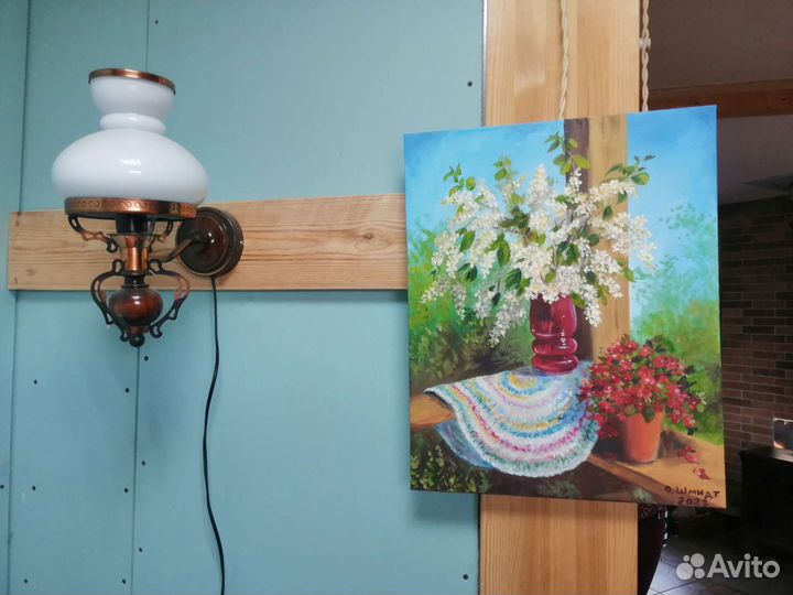 Картина маслом на холсте. Черемуха в красной вазе