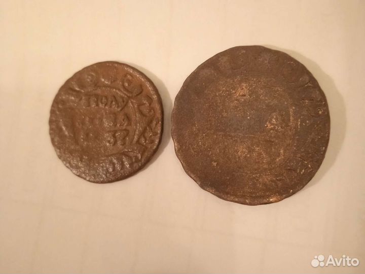 2 монеты Анны Иановны, деньга + полушка