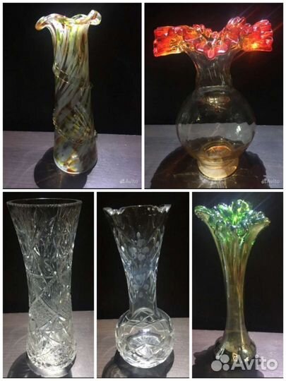 Вазы. 7 штук. Цветное стекло, хрусталь. Винтаж