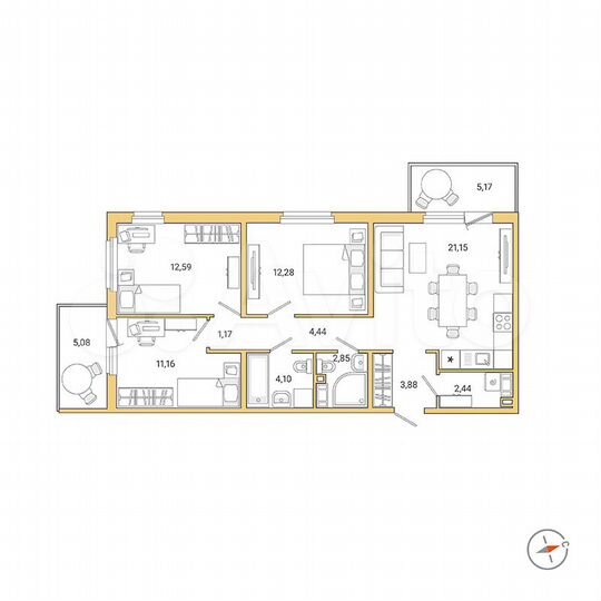 3-к. квартира, 79,1 м², 8/9 эт.