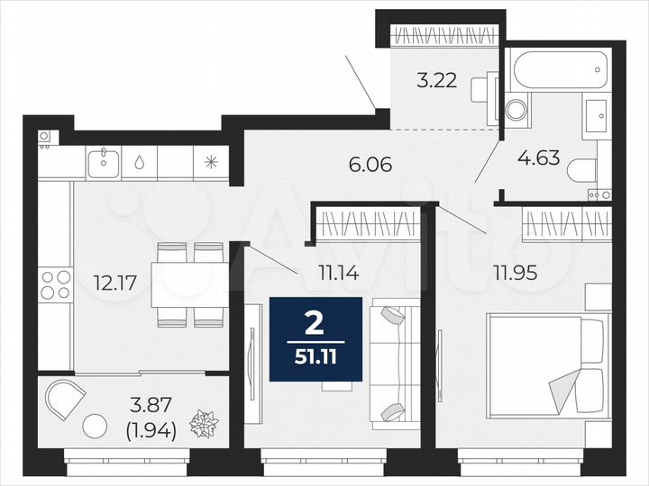 2-к. квартира, 51,1 м², 14/22 эт.