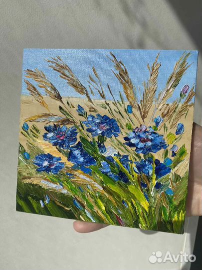 Картина маслом васильки. Миниатюра