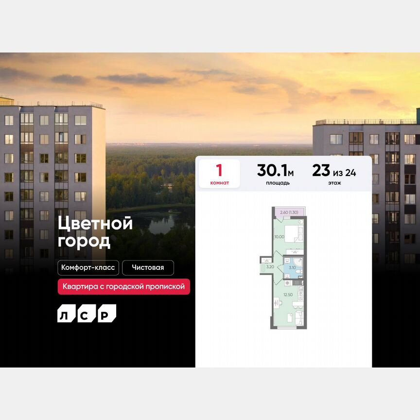 1-к. квартира, 30,1 м², 23/24 эт.