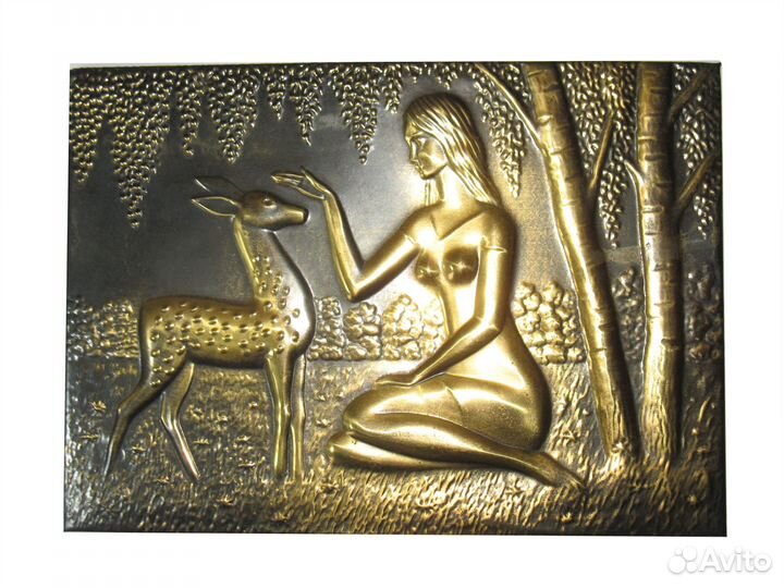 Панно картина чеканка Девушка и Олененок СССР