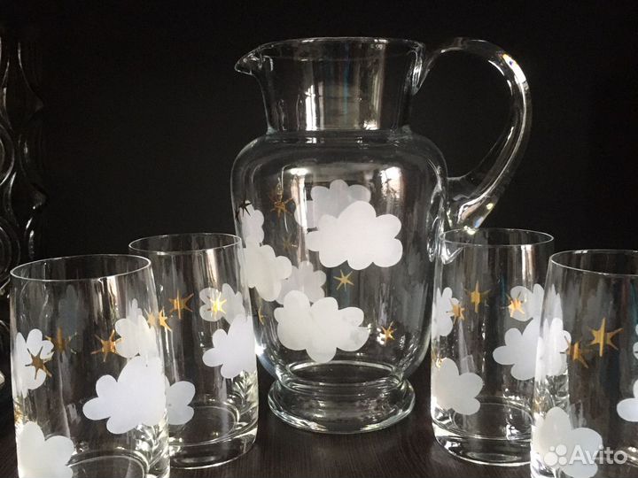 Богемское стекло. Ваза. Кувшин и 4 стакана