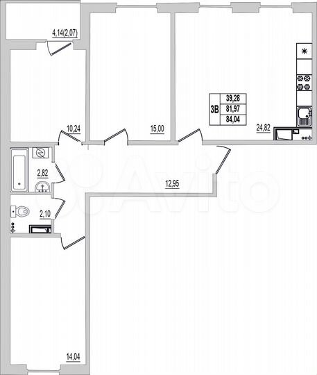 3-к. квартира, 84 м², 5/9 эт.