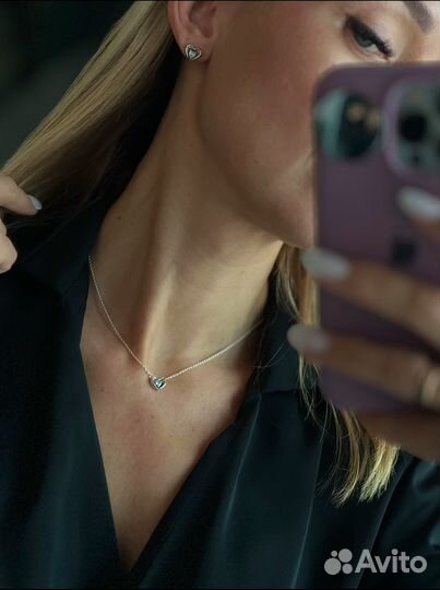 Коплект Пандора серьги и колье сердечки