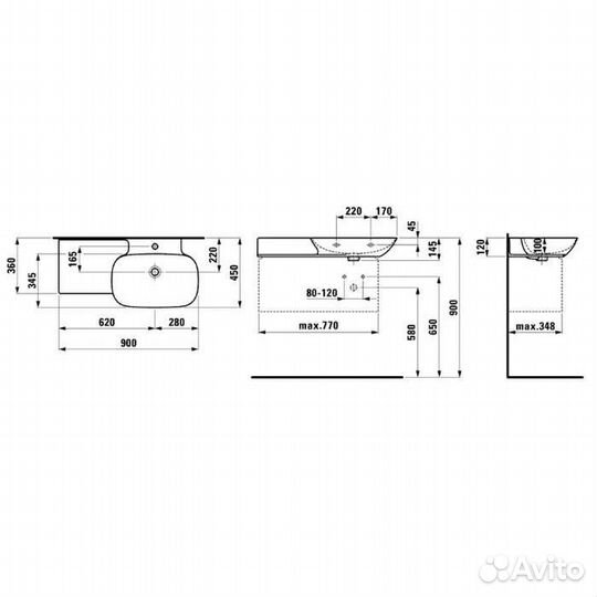 Laufen INO Раковина 90х45х12 см, 1 отв., полка сле