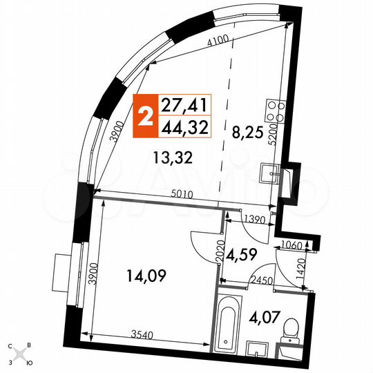 2-к. апартаменты, 44,3 м², 4/15 эт.