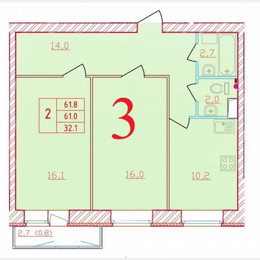 2-к. квартира, 61,8 м², 4/9 эт.