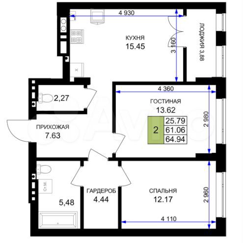 2-к. квартира, 64,9 м², 5/7 эт.