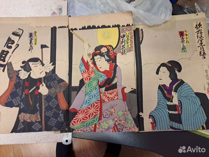 Антикварная японская гравюра триптих обан