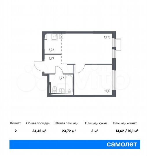 2-к. квартира, 34,5 м², 3/14 эт.