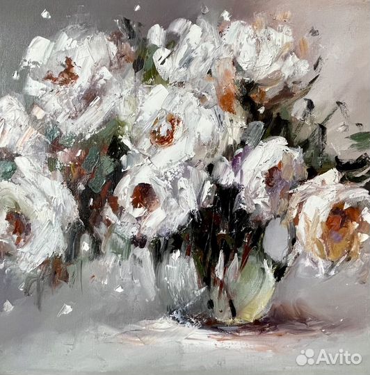 Букет белых цветов картина маслом на холсте