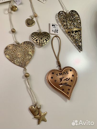 Украшения- подвески интерьерные сердечки золотые