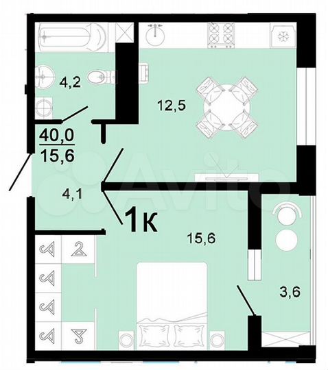 1-к. квартира, 40 м², 6/8 эт.