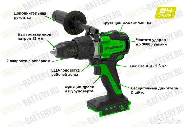 Дрель-шуруповёрт ударная Greenworks GD24DD140