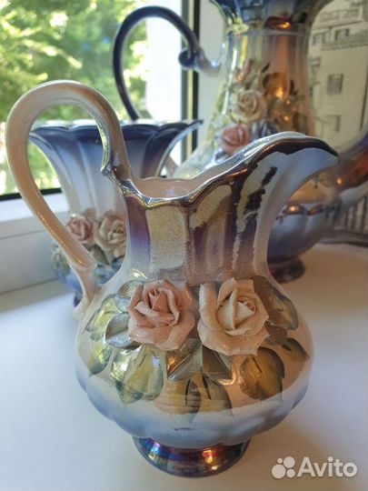 Чайный форфоровый сервиз, синий перламутр с розами