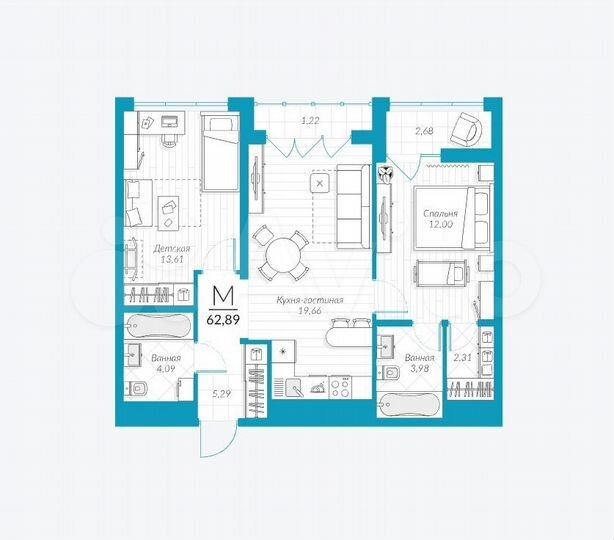 2-к. квартира, 62,9 м², 10/25 эт.