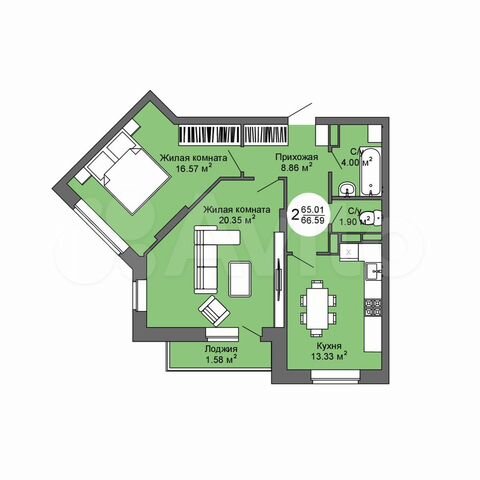 2-к. квартира, 66,6 м², 8/17 эт.