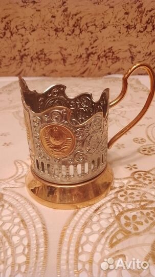 Подстаканник СССР с гербом, никель с позолотой