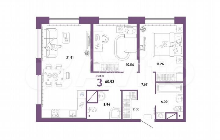 2-к. квартира, 60,9 м², 15/19 эт.