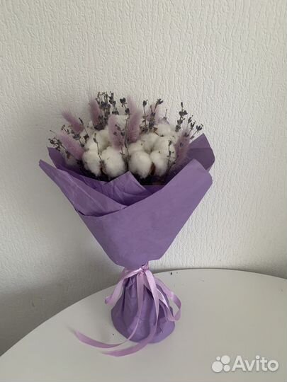 Букет из сухоцветов хлопок и лаванда