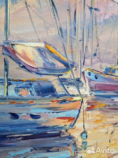 Картина маслом лодки закат горы море